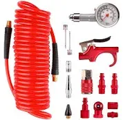 16 Pieces Air Compressor Accessory Kit with 1/4 Inch Recoil Poly Air Hose