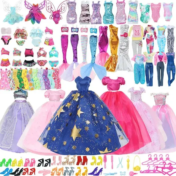 60pcs Doll Clothes and Accessories Fashion Dress Wedding Gowns, Daily Tops Pa...