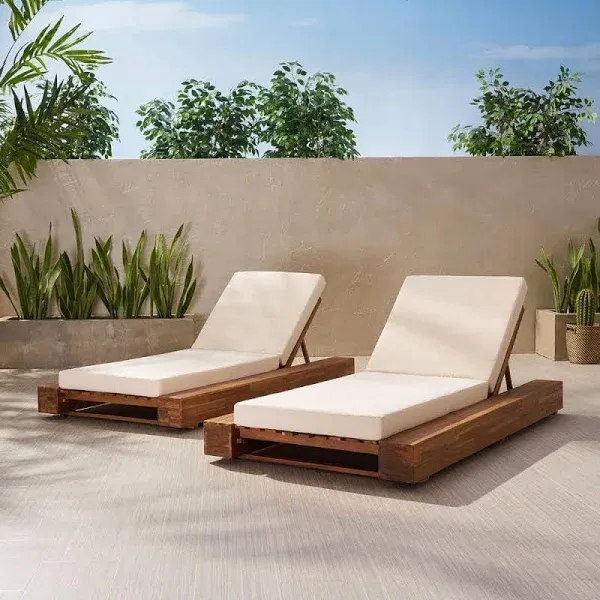 GDFStudio Outdoor Acacia Wood Chaise Lounge and Cushion Sets (Set of 2), and Cream