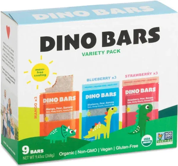 Dino Bars | Organic Fruit Bar for Kids | Organic Toddler Bars and Dinosaur Snacks | Fruit + Oats + Hemp Hearts + Coconut Oil with Edible Paper | Blueberry + Strawberry + Mango Kids Bar | Age 1+ | Variety 9 Pack