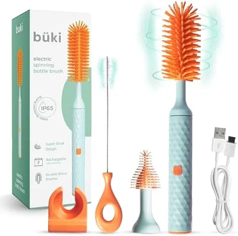 Büki Electric Baby Bottle Cleaning Brush Set - Rechargeable Electric Bottle Brush with Straw Cleaner - Water Bottle Cleaning Kit, Nipple Brush, 1200mAh Brush Cleaner (by Kindersense)