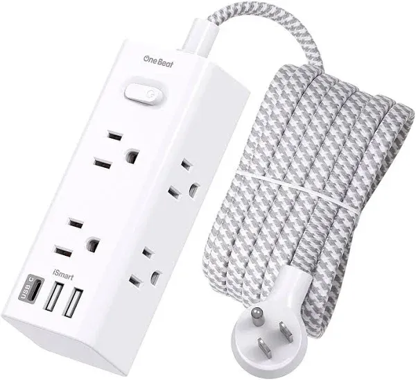 10Ft Extension Cord with Multiple Outlets, Flat Plug Power Strip 10FT White