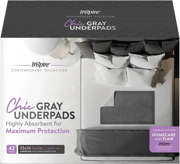 Inspire Ultra Underpads Incontinence Bed Pads | Chic Gray Modern Design | Hospital Bed Pads Disposable Adult Extra Large Chux Pads | Medical Bed Linens | Chucks Pads Disposable Adult