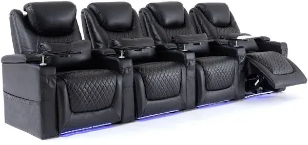 Home Theater Seating Seats, Theater Recliner Chair Sofa Game Movie Theater Chairs with 7 Colors Ambient Lighting, Lumbar Pillow, Side Pocket, Tray Table, Power Recline, Black