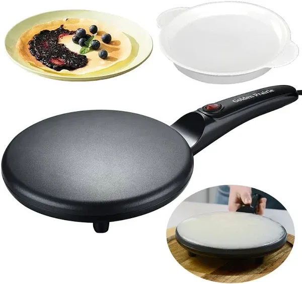 Golden Prairie 8" Griddle Crepe Maker, Non-Stick Electric Crepe Pan, Auto Thermostat Control, Handheld Long Handle, W/ Batter Bowl, Portable Breakfast Maker for Pancake, Blintz, Chapati, Tortilla