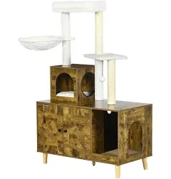 PawHut 54.25" Wooden Cat Tree with Litter Box Enclosure