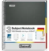 Dunwell 3-Subject Notebook College Ruled 8.5 x 11 (Black) - 150 Sheets/300 Pages, Spiral Notebook 8.5x11 with Tabs, Movable Dividers, Pockets, Front