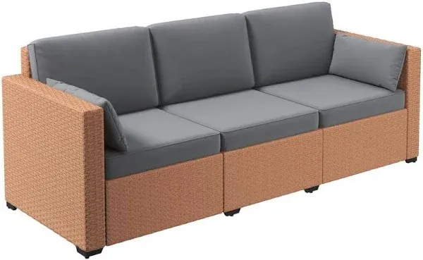 Outsunny Wicker Patio Couch, PE Rattan 3-Seat Sofa, Outdoor Furniture with Deep Seating, Cushions, Steel Frame, Sand