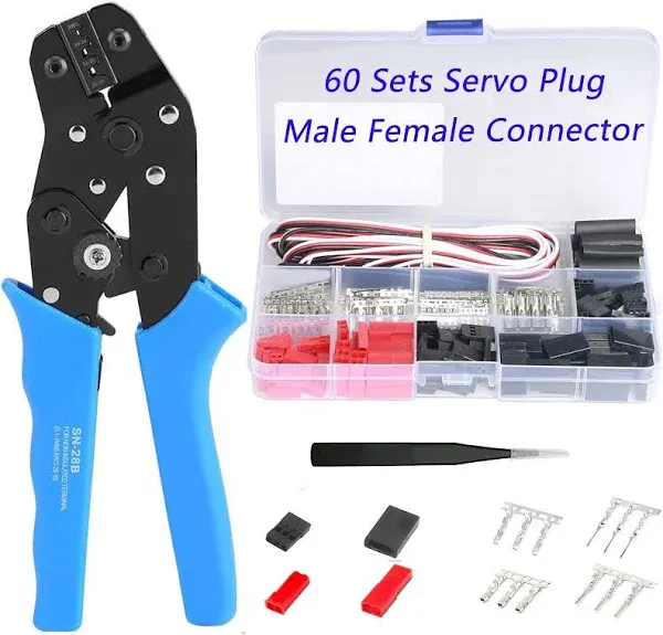 60 Sets JST Servo Connector Kits Plug Male Female Crimp Pin Cable with SN-28B Dupont Crimping Tool 0.1-1.0mm ²(AWG28-18) Compatible JST SYP servo wire cable for RC Car Hitec Spektrum Model Airplanes