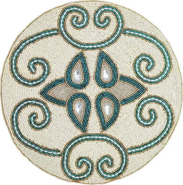 - Round Placemats - 13&#034; Diameter - White Teal Gold Combo Design - Perfect for...