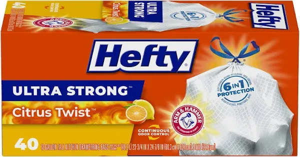 Hefty Ultra Strong Tall Kitchen Bags, Drawstring, Citrus Twist, 13 Gallon - 40 bags