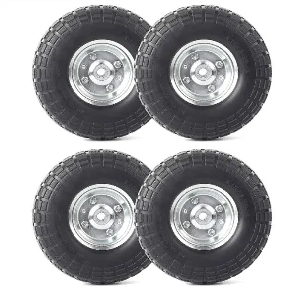 (4-Pack) 4.10/3.50-4&#034; Flat Free Tire and Wheel - 10&#034; Solid Rubber For Hand Truck