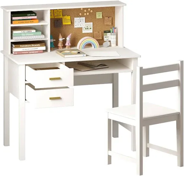 Kids Desk and Chair Set, Wanna Wooden Student Study Table with Hutch/Drawer & Bulletin Board, Childrens Study Desk for Bedroom Study Room (White)