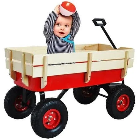 All Terrain Wagons for Kids Wagon with Removable Wooden Side Panels, Garden Wagon with Steel Wagon Bed, Folding Wagons for Kids/Pets with Pneumatic Tires, Blue