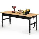 JTFCXD Adjustable Height Workbench  60&#34; Rubber Wood Top Heavy Duty Workstation with  Outlets  2000 LBS Load Capacity Hardwood Worktable for Workshop  Garage  HJGHBC    Commercial