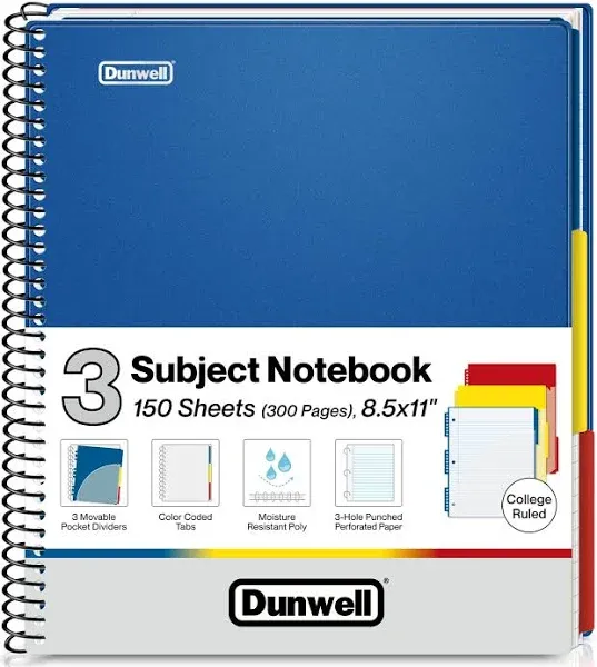 Dunwell 3-Subject Notebook College Ruled 8.5 x 11 (Blue) - 150 Sheets/300 Pages, Spiral Notebook 8.5x11 with Tabs, Movable Dividers, Pockets, Front/Back Plastic Covers, Multi Subject Notebook