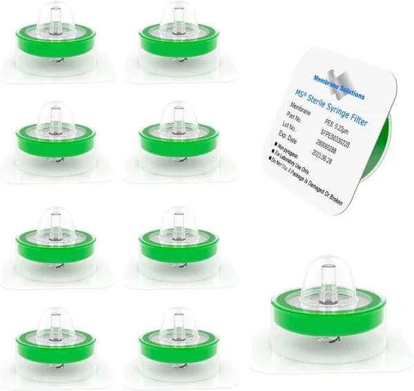 Membrane Solutions 10 Pack Syringe Filter Sterile PES Hydrophilic Filtration 0.22um Pore Size, 33mm Membrane Diameter Sterile PES Membrane Individually Packed