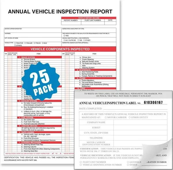 Annual Vehicle Inspection Report Form 25-pk 3-Ply Carbonless, 8.5" x 11.75" + 2-Ply Vinyl with Mylar Laminate Label 5" x 4"