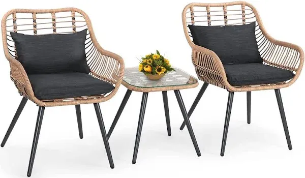 Joivi 3-Piece Patio Set, Outdoor Wicker Conversation Bistro Sets for Porch, Backyard with Square Glass Top Coffee Table, Cushions and Lumbar Pillows,