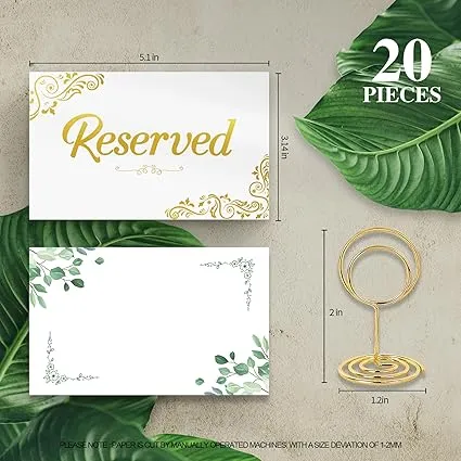 KAnduo 20 Pieces Double sided gold foil reserved card with bracket- Includes Free Green Leaf Blank Cards - Reserved Signs for Wedding, Chair and Table Signs, Reserved Seating Signs, White