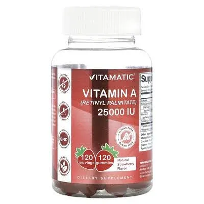 Vitamatic Sugar Free Vitamin A 25000 IU Gummies - Natural Strawberry Flavor - 120 Pectin Based Gummies