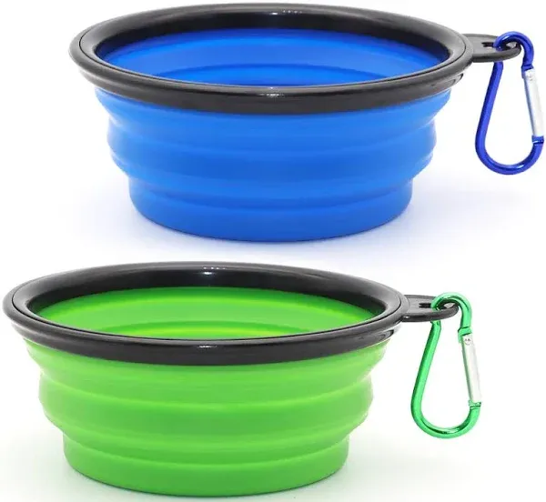 Dog Bowl Pet Collapsible Bowls, 2 Pack for Cats Dogs, Portable Pet Feeding Watering Dish for Walking Parking Traveling with 2 Carabiners (Small, Blue+Green)