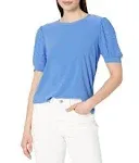 Cece Womens Puff Sleeve Mixed Media Top Blue M