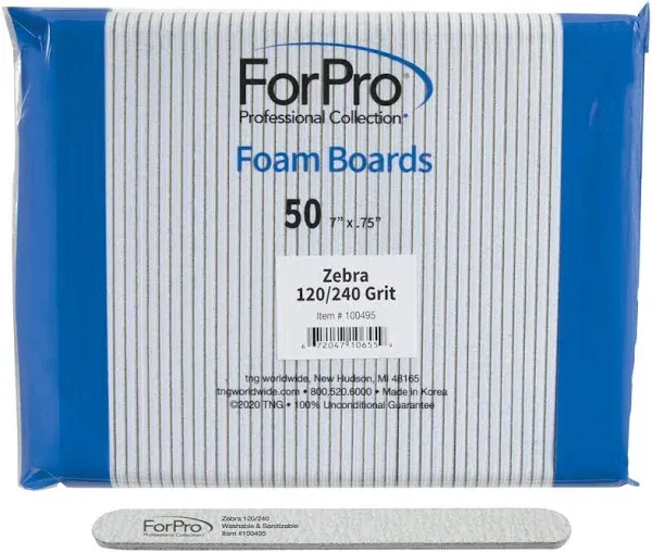 Forpro Zebra Foam Board, 100/180 Grit, Double-Sided Manicure Nail File, 7” L X .