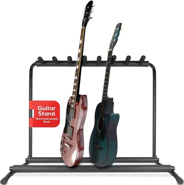 Pyle Multi-Guitar Stand 7 Slot Display Rack - Universal Framework Designed for Electric, Acoustic, Bass Guitars & Cases - Foldable, Portable, and Protective with No-Slip Non-Scratch Padding - Black