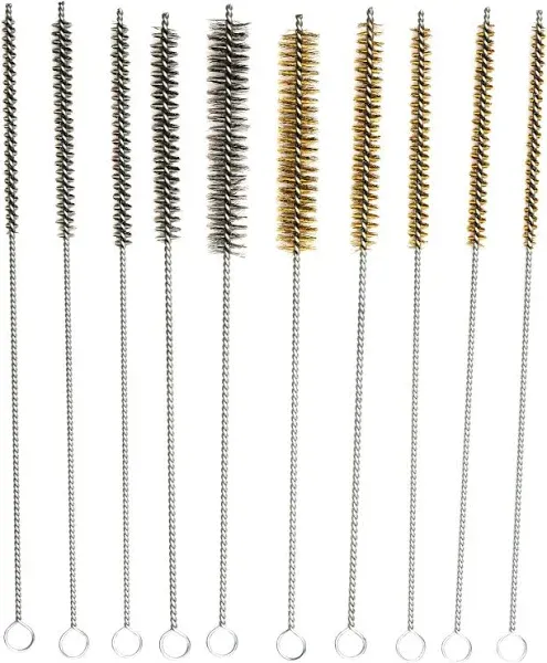 10-Piece Tube Cleaning Brush Kit | Brass Wire Bore Brushes & Stainless Steel Brushes 12" Long (1/4" to 3/4") for Tubes, Cylinders, and Narrow Spaces