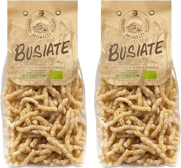 Morelli Spiral Pasta - Organic Premium Durum Wheat Semolina Italian Pasta from Italy - Protein-Rich, Ancient Grains, All Natural, Gourmet Italian - Busiate Pasta (Trofie, Gemelli) 17.6 Oz - Pack of 2