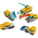 Tender Leaf Toys - Construction Site - Four Heavy Vehicles with Crane Truck, Road Roller, Dump Truck and Front Loader - Build Your Own Construction Site and Develops Fine Motor Skills for Children 3+