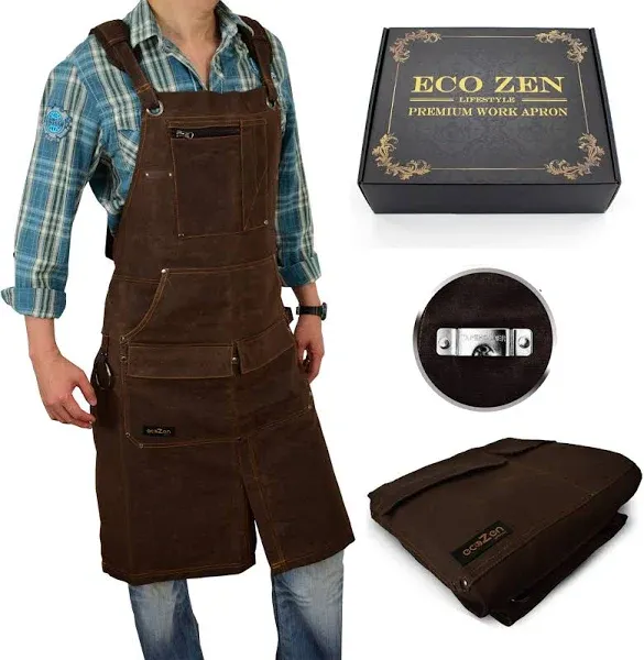 16oz Waxed Canvas Work Apron with Tape Holder - Fully Adjustable, Tough Protection for Men