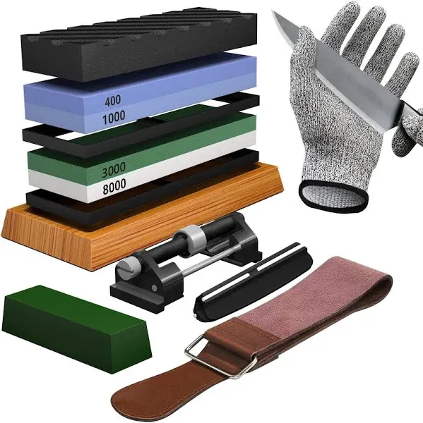 Knife Sharpening Stone Set - Premium 4 Side Grit 400/1000 3000/8000 Whetstone Sharpener Kit - Non-Slip Bamboo Base,Cut Resistant Gloves, Angle Guide,Flatting Stone,Honing Guide,Leather Strop