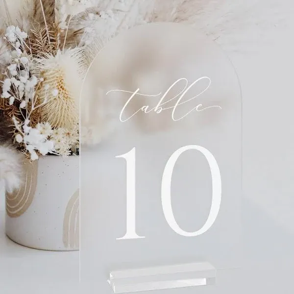 JINMURY Frosted Arch Table Numbers for Wedding, 5x7 Inch Arched Acrylic Table Numbers 1-10 with Acrylic Stands, Frosted Acrylic Arch Tabletop Sign with Holder for Centerpiece, Reception, Wedding,