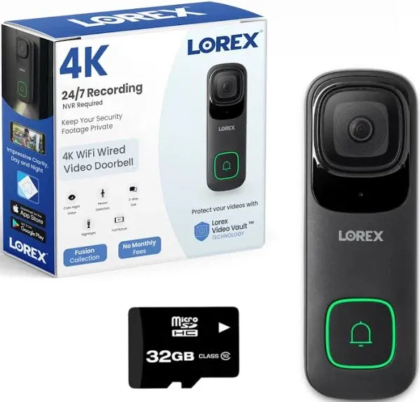 Lorex 4K Wired WiFi Smart Video Doorbell Camera w/No Subscription Fee - Smart Security Lighting, Night Vision, Motion Detection, Requires Existing Wiring (Black)