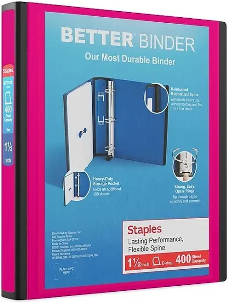 Staples 651746 1.5-Inch 3-Ring Better Binder Pink (13569-Cc)