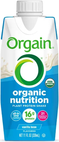 Orgain Organic Vegan Plant Based Nutritional Shake, Vanilla Bean 11 Ounce, 12 Count