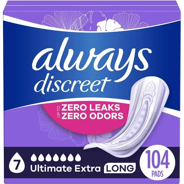 Always Discreet, Incontinence & Postpartum Pads For Women, Size 4, Moderate Absorbency, Long Length, 54 Count