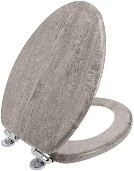 Round Wood Toilet Seat Slow Close And Chrome-Plated Hinges Gray Distressed New