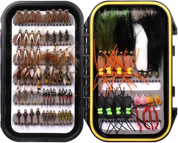 Wifreo Assortment 64pcs,Flyfishing Flies Trout Gear with Waterproof Fly Box Gifts,Fly Fishing Lures