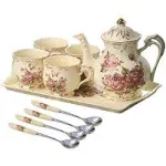 YOLIFE Porcelain Tea Set Vintage Rose, Tea Cups with Teapot, Serving Tray and Teaspoon Service for 4, Suitable for Tea Party Gifts