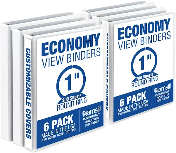 Samsill Economy 1 Inch 3 Ring Binder, Made in The USA, Round Ring Binder, Customizable Clear View Cover, White, 6 Pack (I08537)