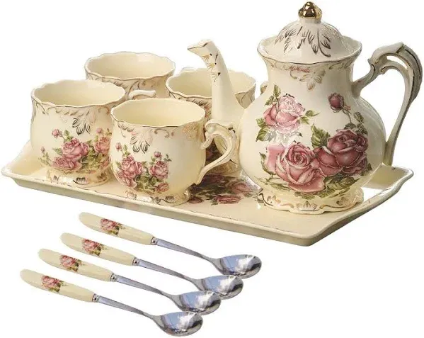 YOLIFE Porcelain Tea Set Vintage Rose Tea Cups with Teapot Serving Tray and T...