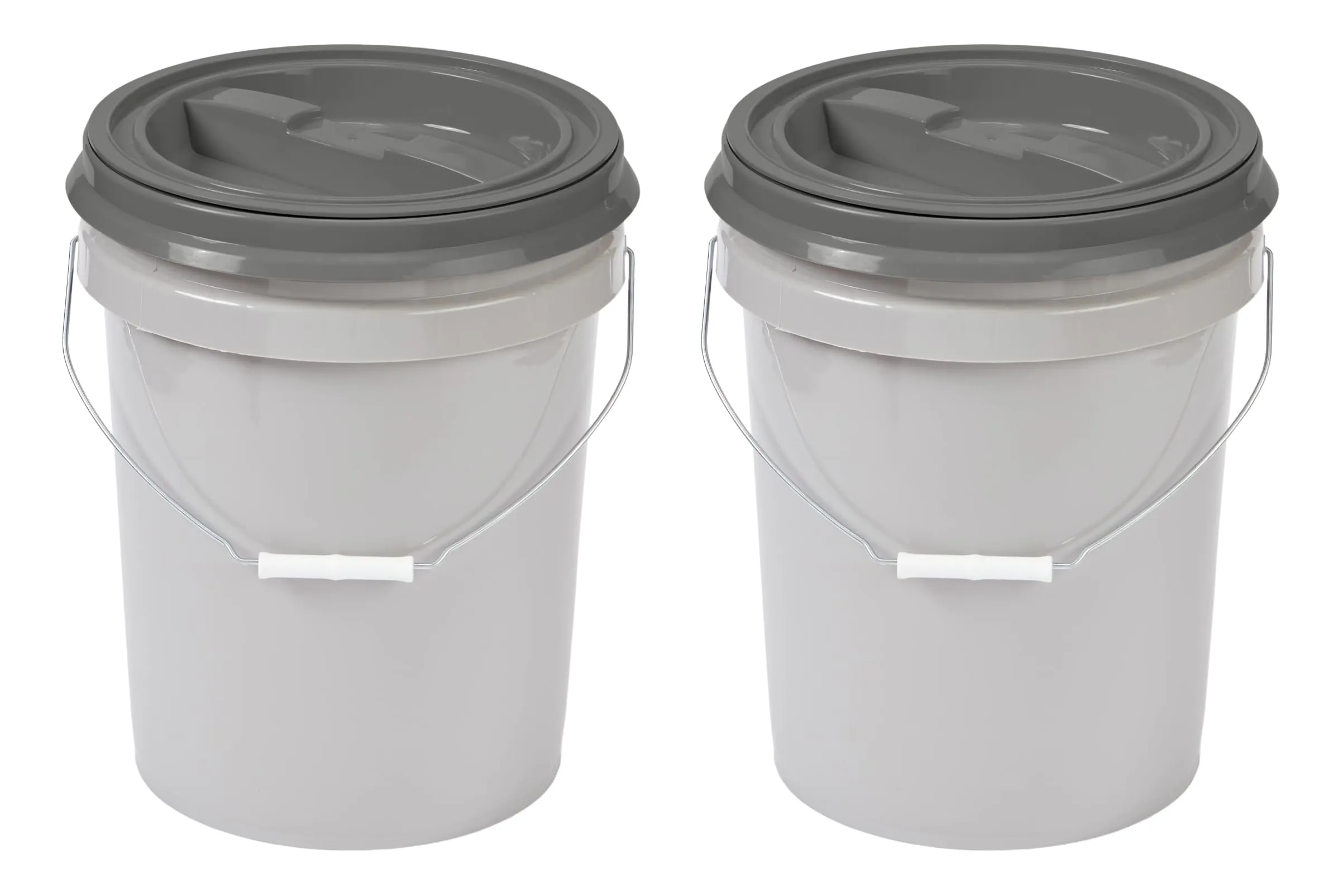 Mighty Tuff 5 Gallon / 21 Pound Pet Food Storage Container, Pack of 2 with Metal Handle and Airtight Lid to Lock in Freshness, Light Grey Base & Dark Grey Lid