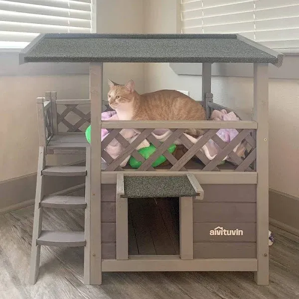 Aivituvin Wood Cat House with Balcony Outdoor Kitty Shelter with Stairs