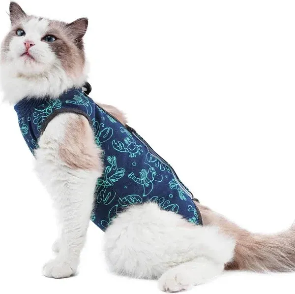 Cat Surgery Recovery Suit Cat Onesie for Cats After Surgery for Surgical Abdominal Wound Or Skin Diseases E-Collar Alternative Wear Cat Neutering Bodysuit Wear (Dark-Blue-S)