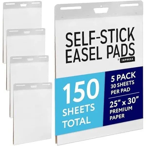 Impresa Large Sticky Easel Pads - 5 Pack (30 Sheets Per Pad) - Flip Charts for Classroom and Office - Sticks onto Walls and Whiteboards - White Premium Paper - No Residue (150 Sheets Total)