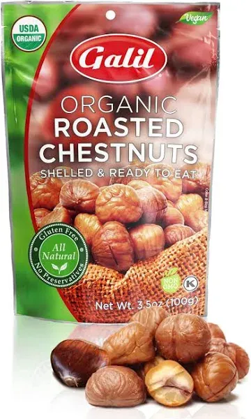 Galil Organic Roasted Chestnuts Pack of 12 Shelled & Ready to Eat - Gluten Free, Vegan, Organic, Non-GMO, Kosher Snacks - Great for Baking, Cooking & Turkey Stuffing 3.5oz Bags