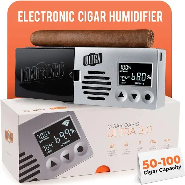 Cigar Oasis Ultra 3.0 Cigar Humidor Humidifier - Electric Humidor Humidifier w/LCD Humidity & Temperature Display, Soft-Touch Buttons - Sensor-Controlled Fan, Humidor for Cigar, 50-100 Cigars